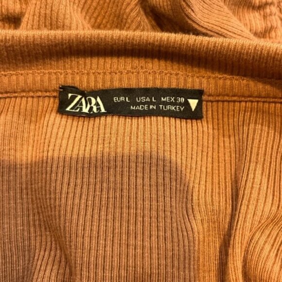 Zara Ribbed and Side Ruched Short Sleeve T-Shirt in Brown – Size Large - Picture 5 of 5